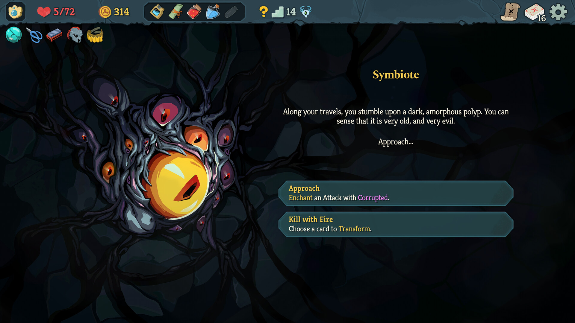 Symbiote event offering an Enchant with Corrupted option in Slay the Spire 2