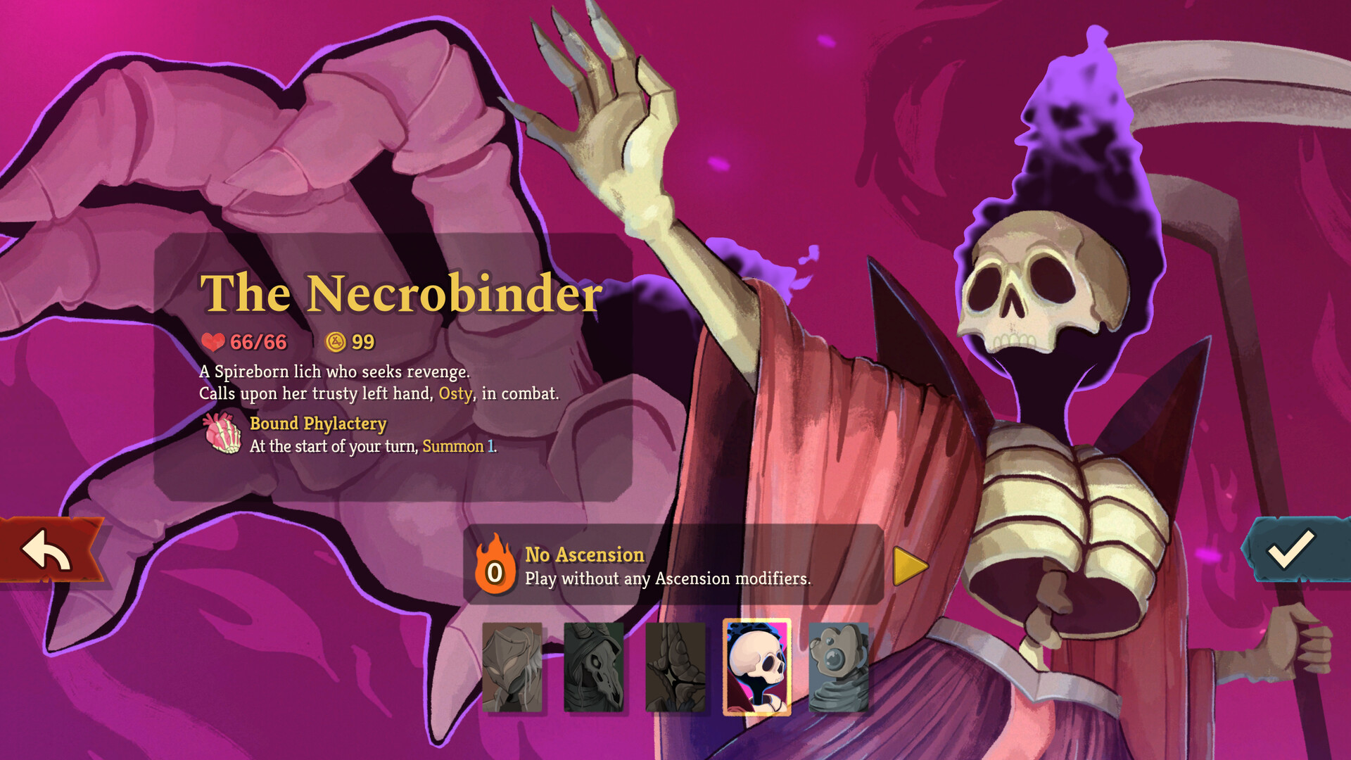 Necrobinder character select screen showing starter relic and Osty companion